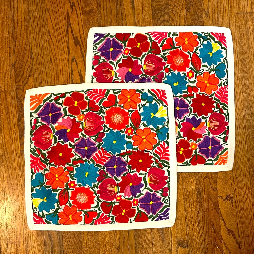 Set of Two Vibrant Hand Embroidered Floral Pillow Covers 16x16